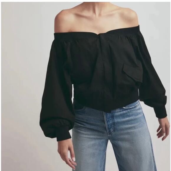 Favorite Daughter Black Off the Shoulder Bomber Jacket - Small (New) - Picture 2 of 9